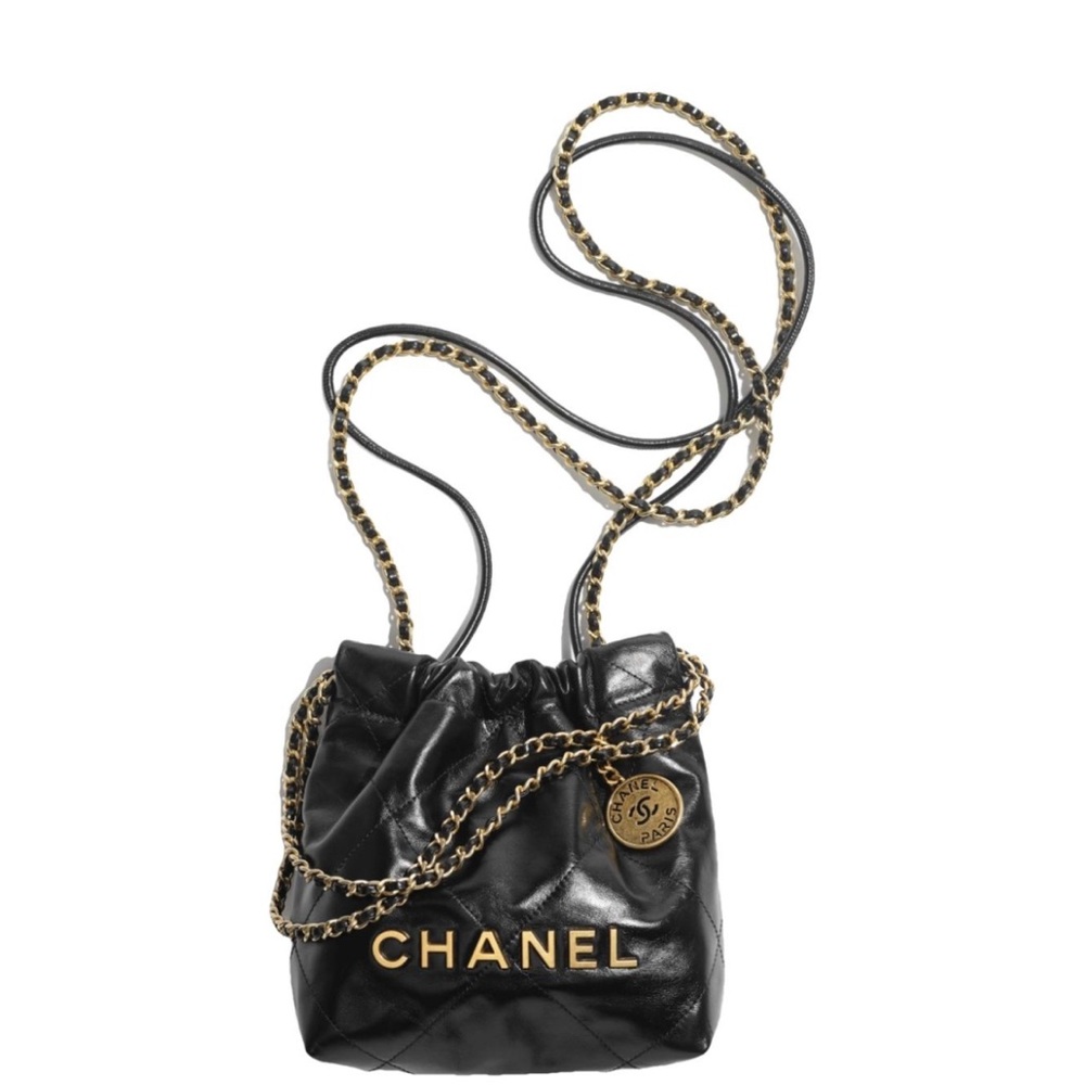 Chanel Black Mini Drawstring Bag with Gold Chain